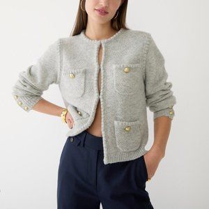 J. Crew Odette Sweater Lady Jacket Gold Button Heathered Grey L Wool Alpaca Gray